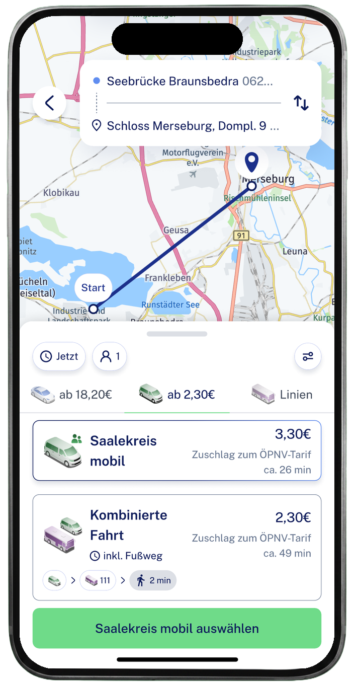 Bildschirm der mopla-App mit dem Suchergebnis für eine Fahrt von Braunsbedra nach Merseburg